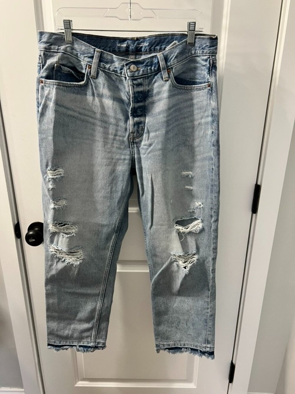 Old Navy High Rise Slouchy Straight Jeans Sz 12 Distressed Light Wash Button Fly